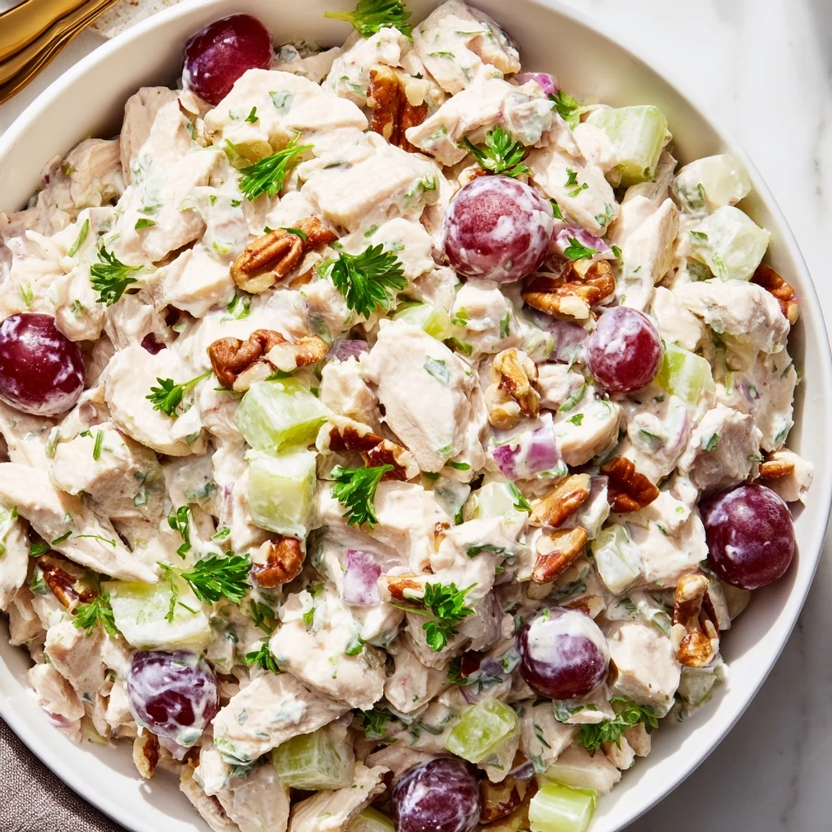 Brightly lit bowl of Chicken Salad with Pecans, mixed with creamy dressing, fresh parsley, and served chilled on a rustic wooden table.  