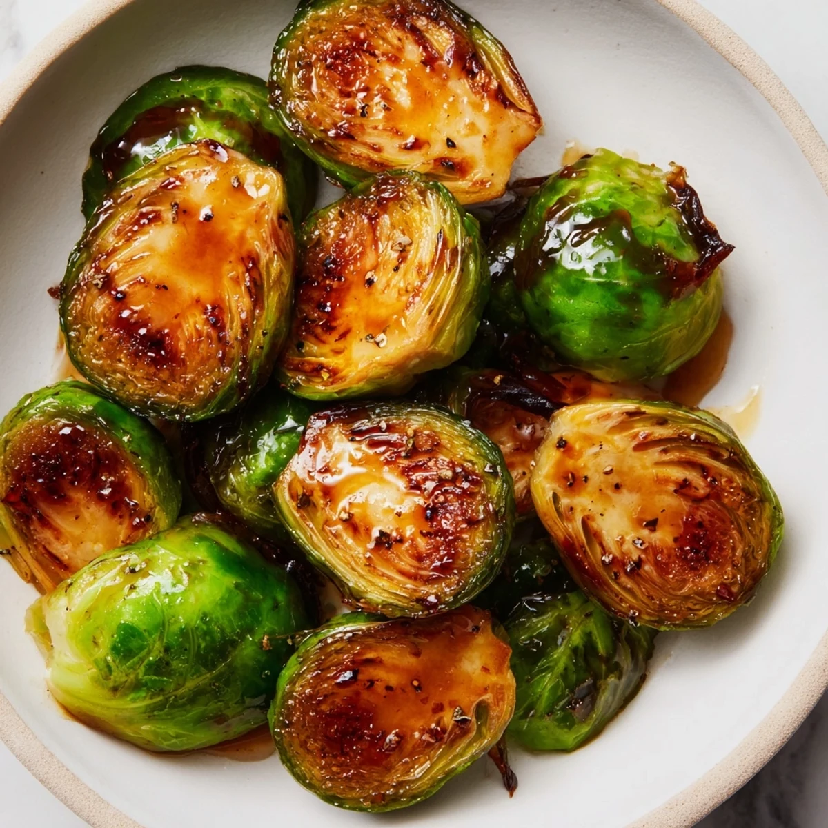 Golden, crispy roasted Brussels sprouts with a sticky-sweet balsamic glaze on a serving platter.