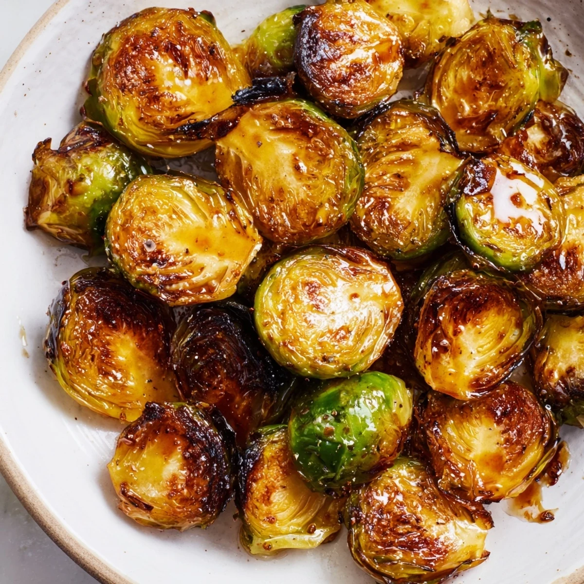 Caramelized Brussels Sprouts with Balsamic served warm, topped with optional crumbled feta and toasted pecans.
