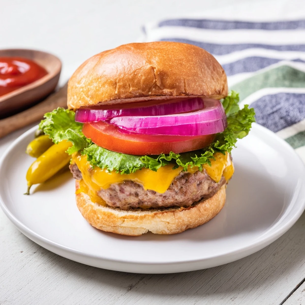 A perfectly cooked Turkey Burger with Cheese rests on a toasted bun, topped with crisp lettuce and ripe tomato slices.  