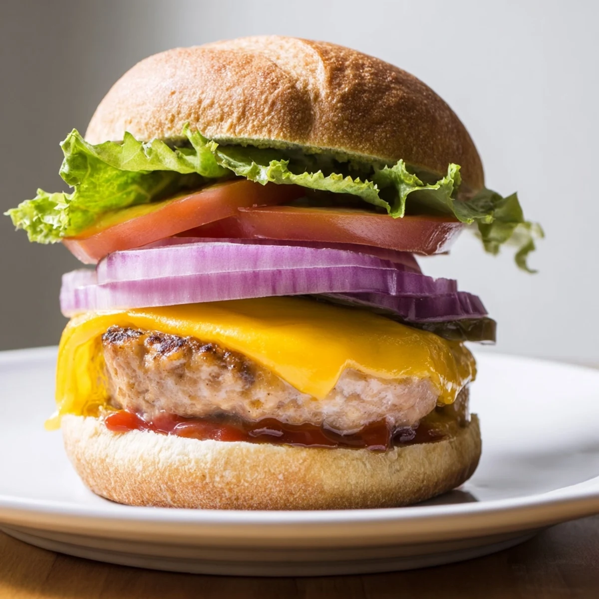 Close-up of a Turkey Burger with Cheese, showing melted cheese and a garnish of fresh parsley on a soft bun.