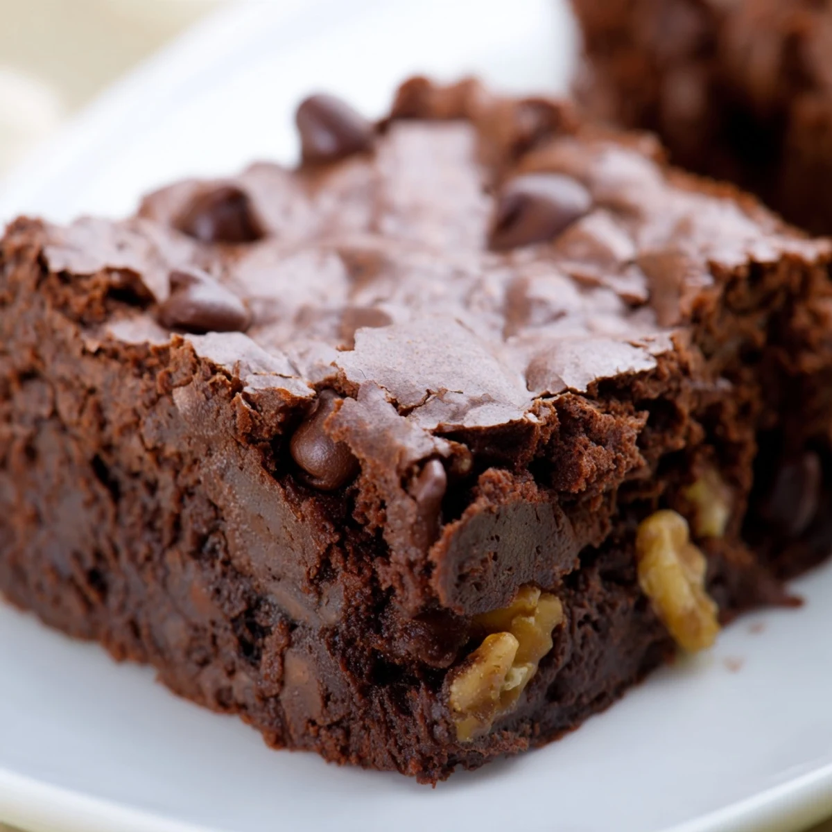 Warm, crackly-topped Chocolate Brownies with melty chocolate chunks on a ceramic plate.