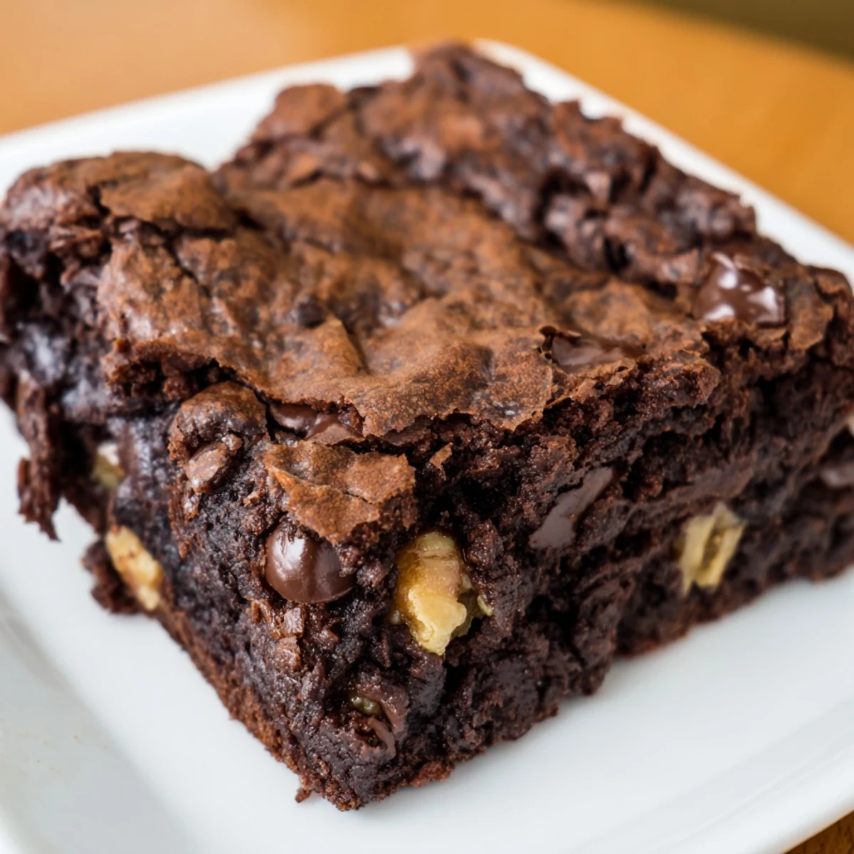 Fudgy, freshly baked Chocolate Brownies stacked high with a gooey, moist crumb.