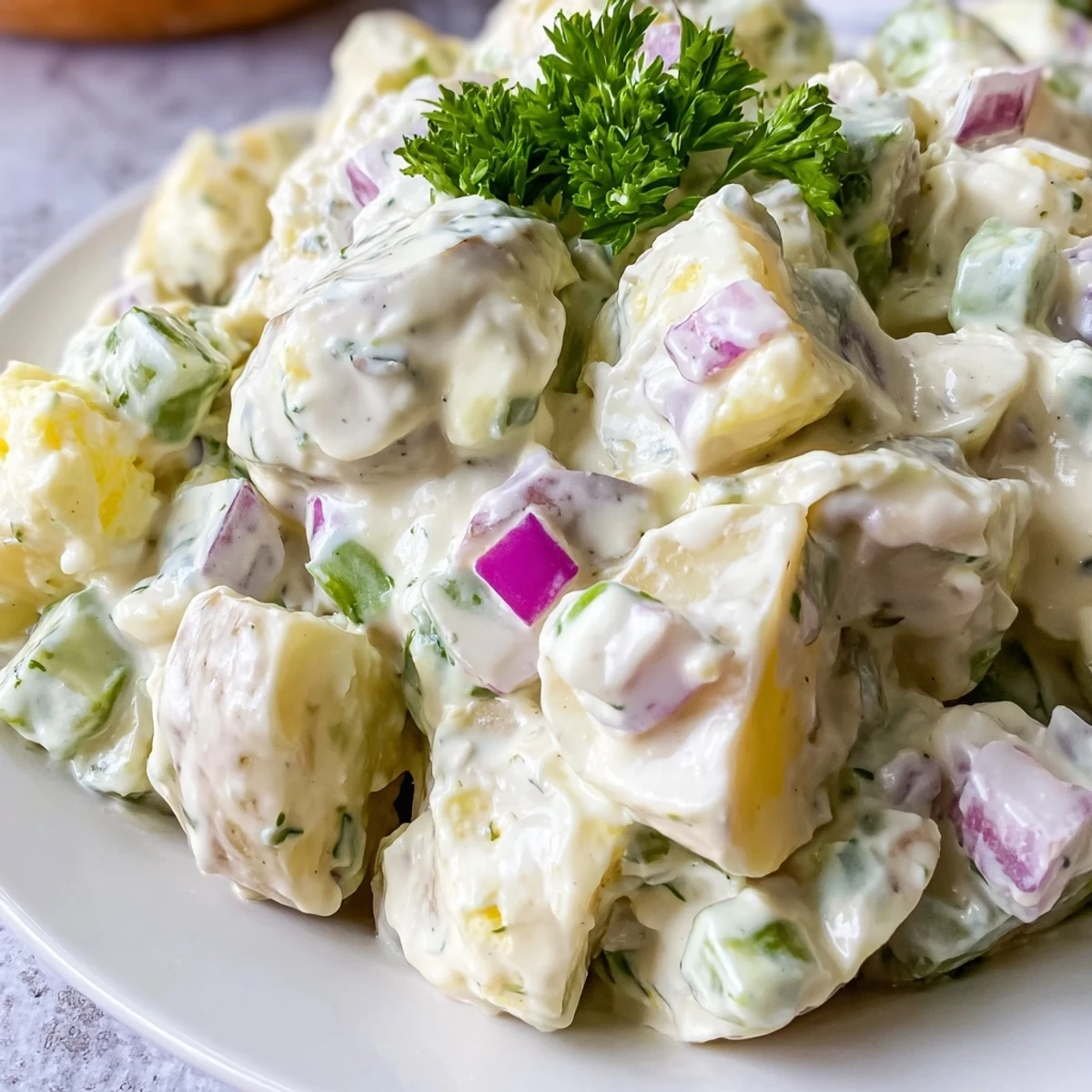 Creamy Potato Salad in a white bowl, featuring tender chunks of potato, diced celery, red onion, and chopped hard-boiled eggs mixed with a tangy dressing.
