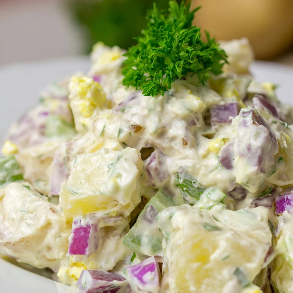 A close-up of Classic Creamy Potato Salad with fresh parsley garnish, showcasing the creamy dressing coating every bite, ideal for a summer BBQ side dish.