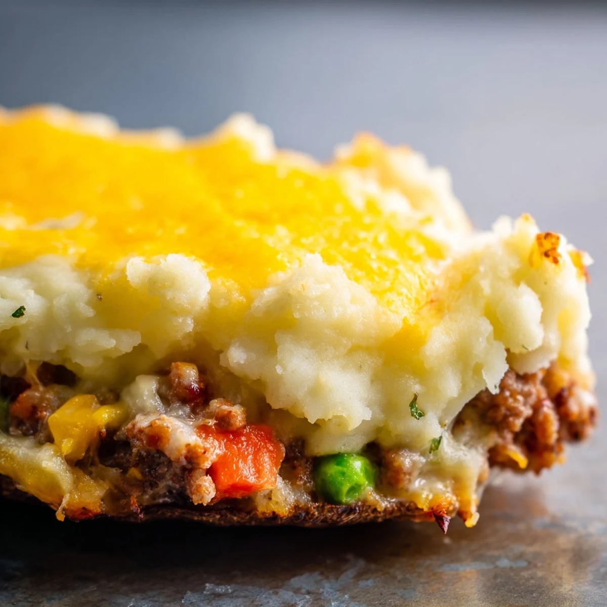 Golden-brown crispy potato skins filled with savory ground beef and vegetables, topped with creamy mashed potatoes and melted Irish cheddar for St. Patrick's Day.