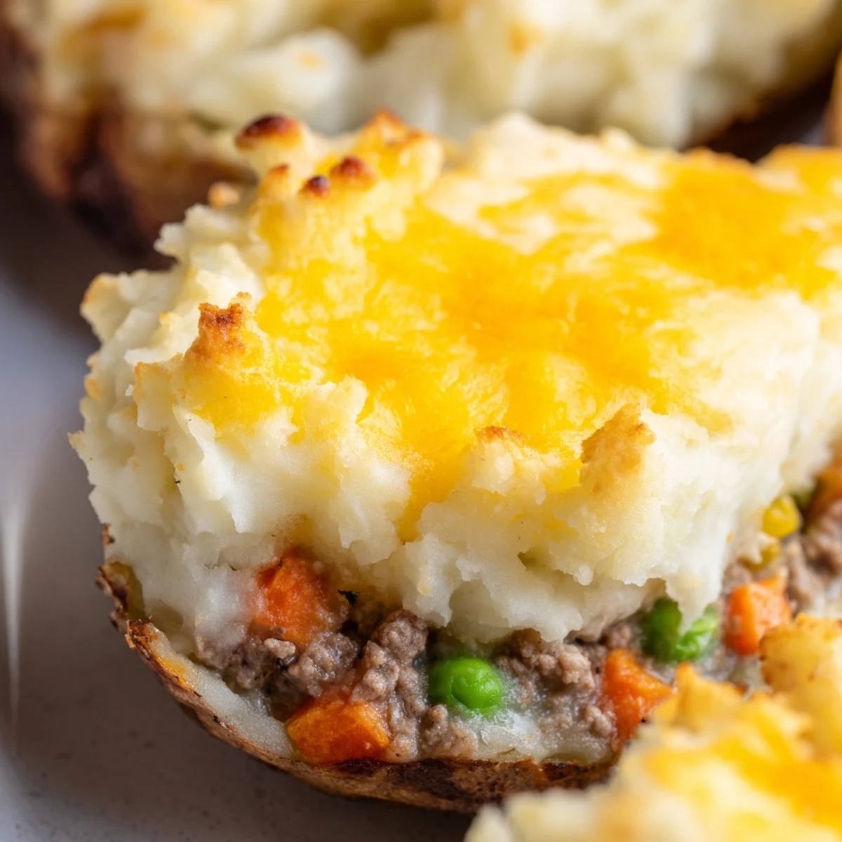 Close-up of St. Patrick's Day Shepherds Pie Potato Skins showcasing fluffy mashed potato swirls, melted cheese, and a rustic wooden serving board for a cozy Irish meal.
