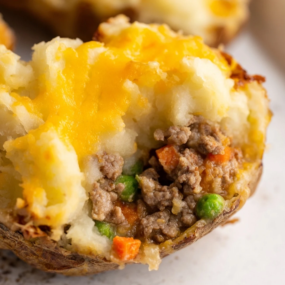 Hearty St. Patrick's Day Shepherds Pie Potato Skins feature a rich beef and pea filling nestled inside crunchy potato shells, perfect for festive appetizers.