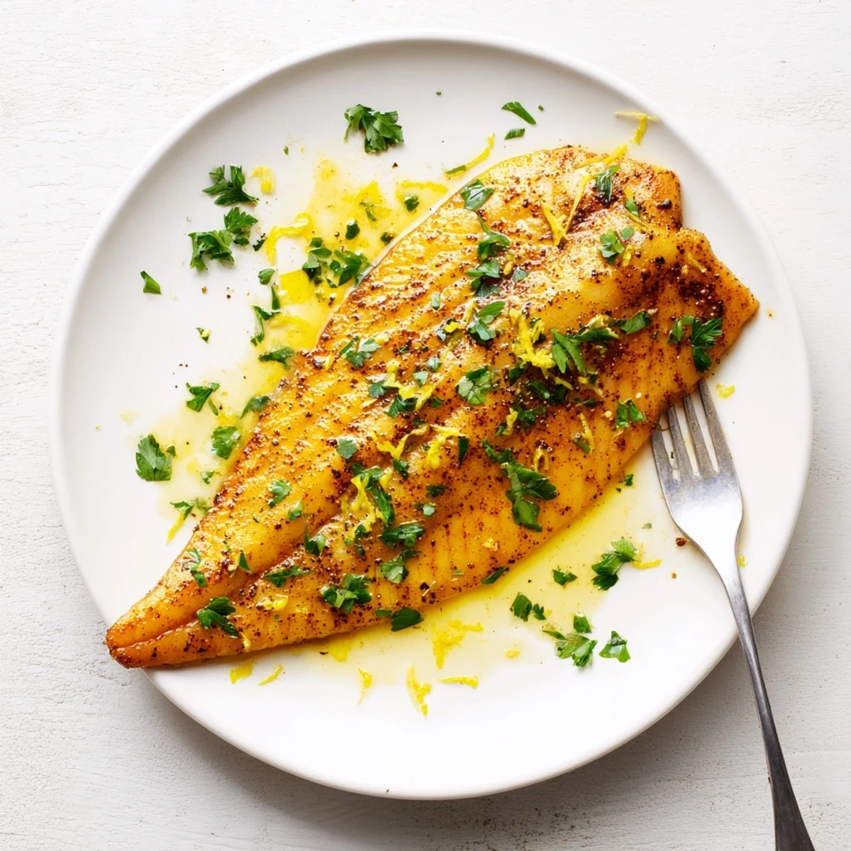 Golden-brown blackened catfish fillets sizzling in a cast iron skillet, topped with a vibrant lemon butter sauce and fresh parsley.  