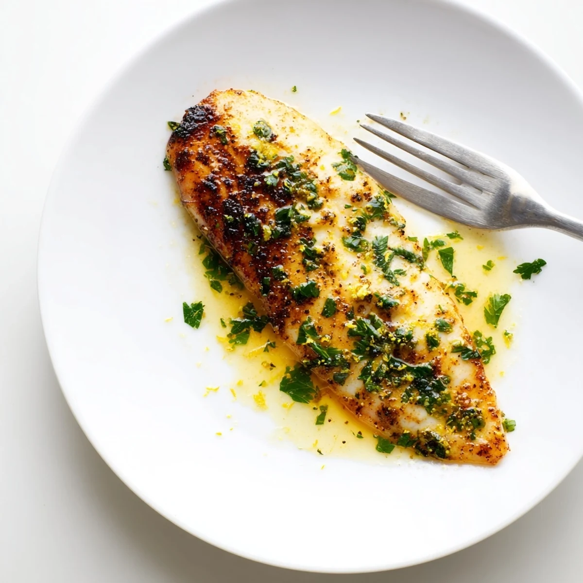 A close-up of seasoned blackened catfish with a zesty lemon butter drizzle, served alongside fluffy white rice and greens.  