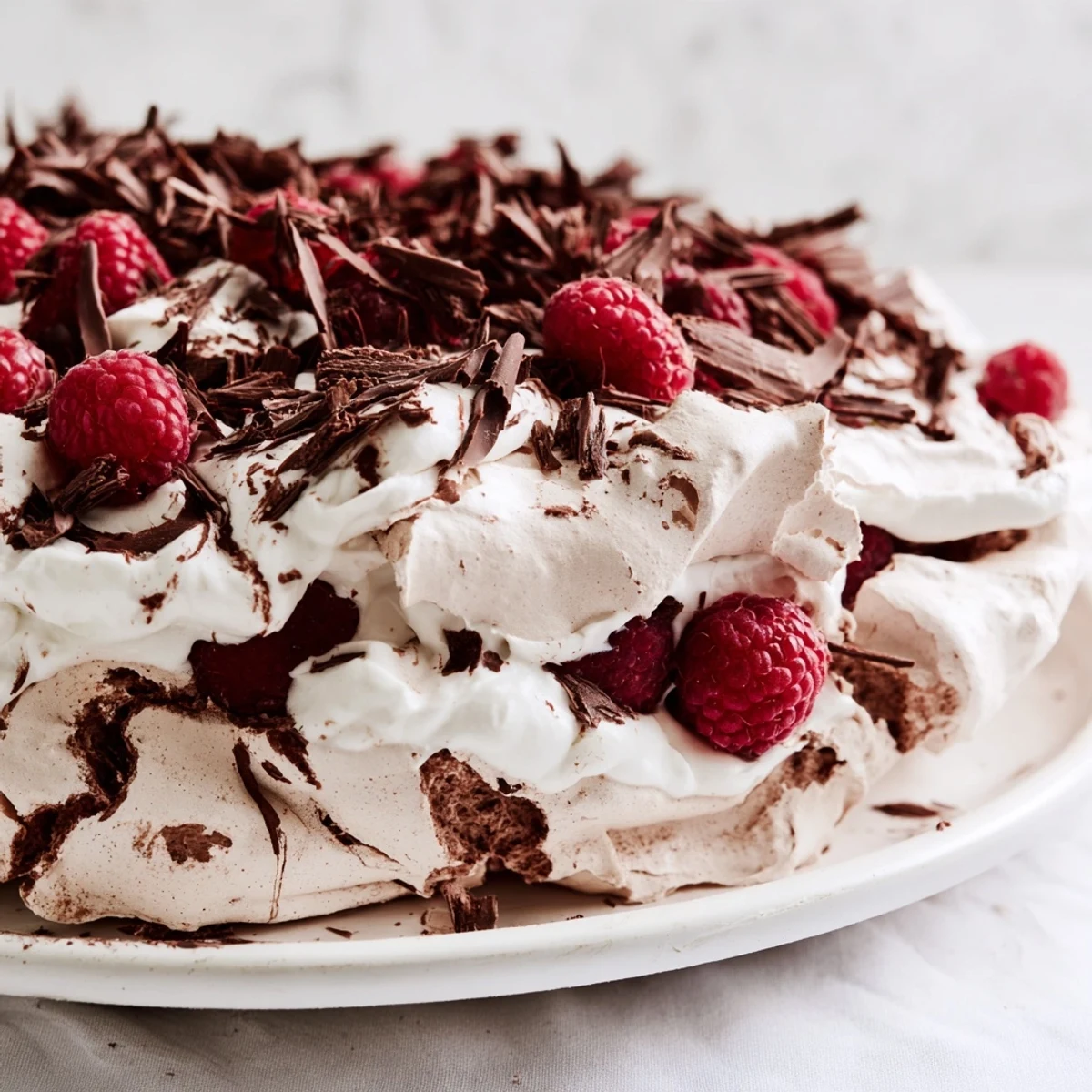 The chocolate raspberry pavlova sits on a wooden table, featuring a dark cocoa meringue topped with juicy raspberries and shaved chocolate, with a glass of sparkling rosé beside it.