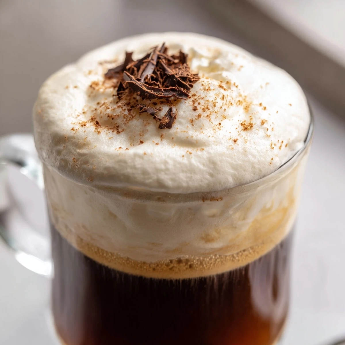 Creamy Irish Coffee Mocktail layered in a glass, with warm coffee and a soft whipped topping.