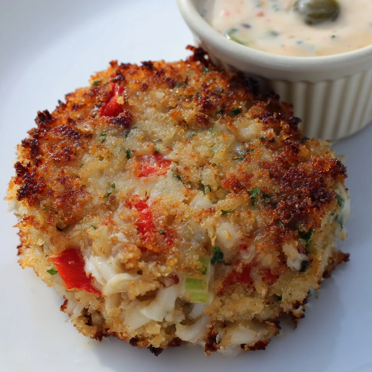 Mardi Gras Crab Cakes with Remoulade are plated on a festive platter, alongside a creamy dipping sauce.