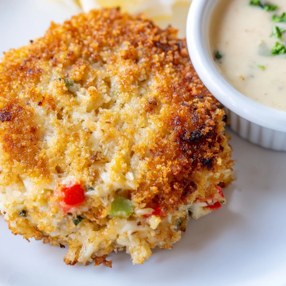 Golden, crispy Mardi Gras Crab Cakes with Remoulade are shown fresh from the skillet, garnished with parsley.