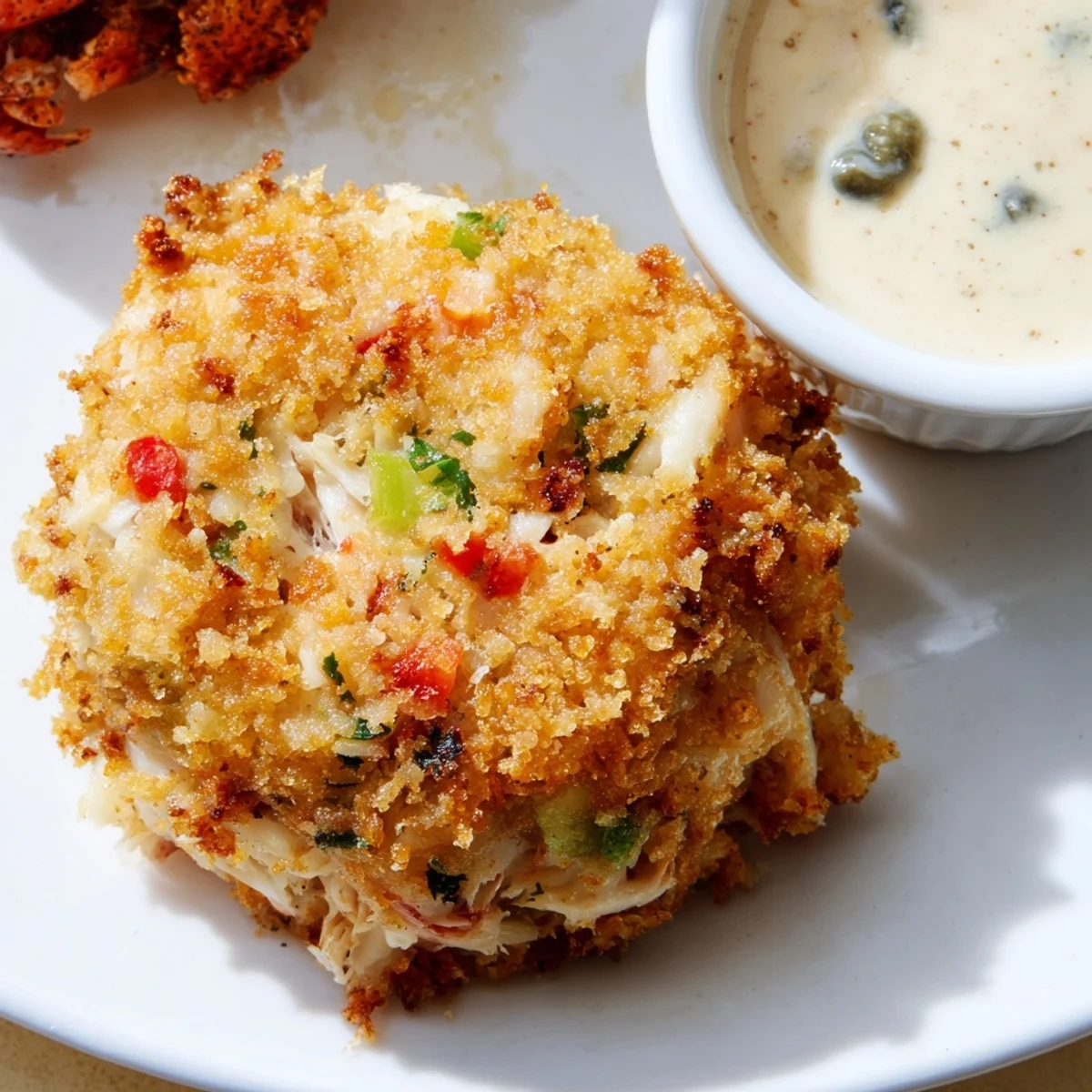 A close-up of Mardi Gras Crab Cakes with Remoulade highlights their crunchy texture and fresh green onion specks.