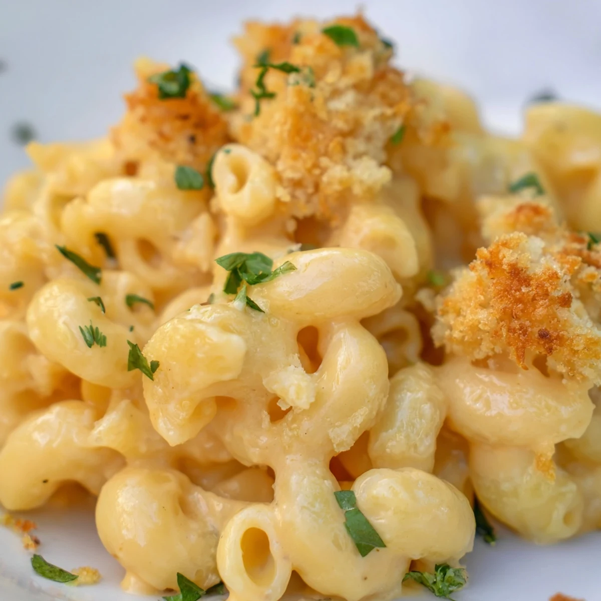 Freshly baked macaroni and cheese emerges from the oven with a golden, crispy breadcrumb topping and a rich, creamy texture.