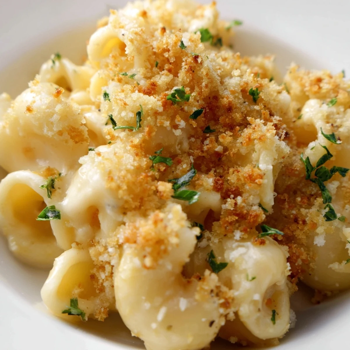 A close-up of creamy Baked Macaroni and Cheese with Breadcrumbs served in a white dish, garnished with fresh parsley.