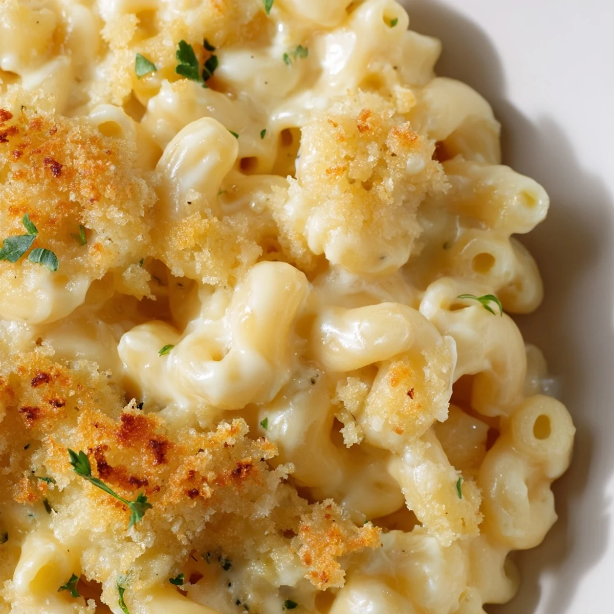Comforting Baked Macaroni and Cheese with Breadcrumbs features golden-brown panko topping, melted cheddar, and steam rising from the casserole.