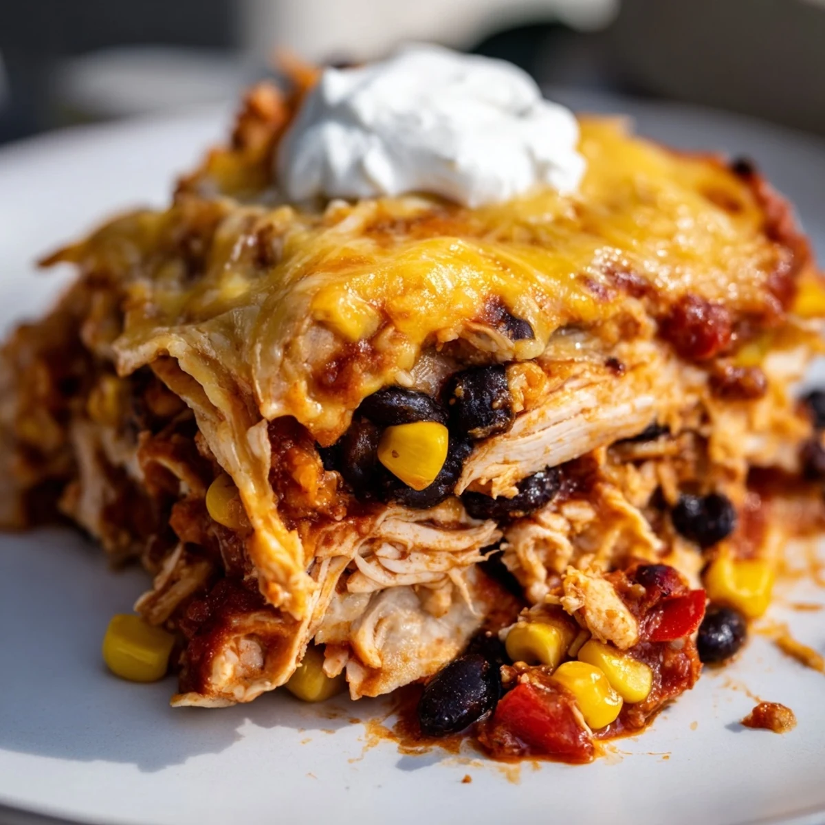 Golden-brown Chicken Enchilada Casserole with Black Beans, bubbling with melty cheese and topped with fresh cilantro.  