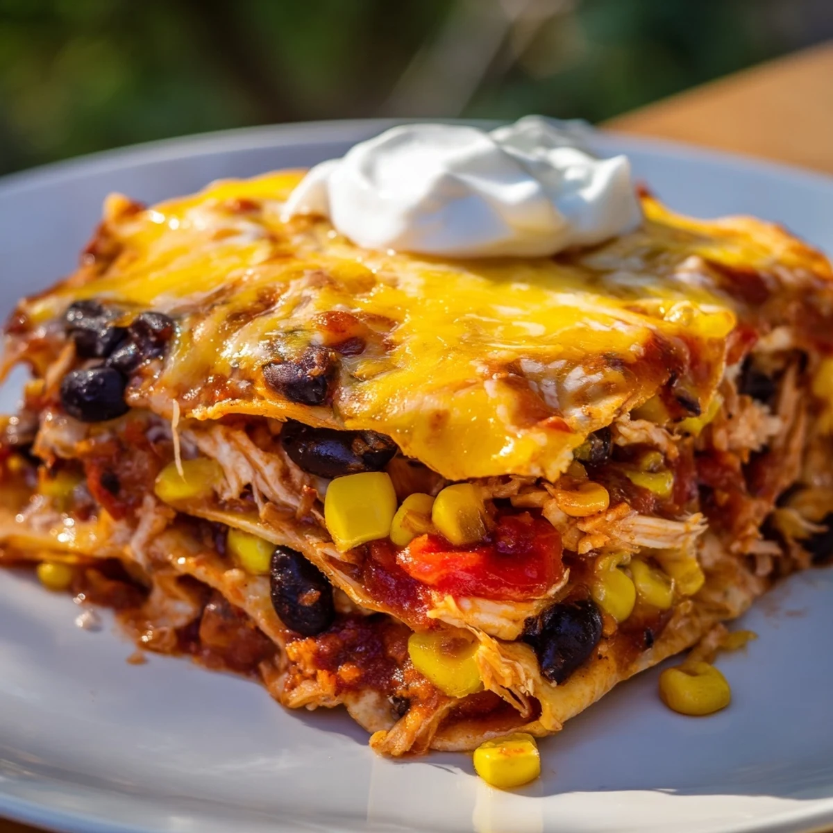 Savory layers of tender chicken, hearty black beans, and zesty red enchilada sauce in a baked casserole dish.  