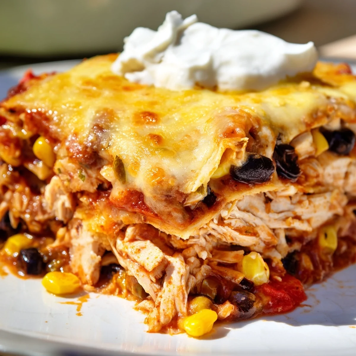 Family-style Mexican-inspired Chicken Enchilada Casserole with Black Beans, garnished with avocado and served with lime wedges.