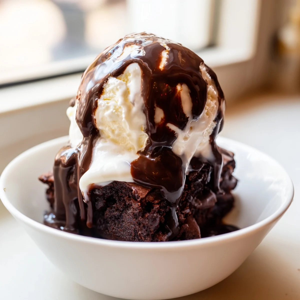 Warm, fudgy brownie squares topped with scoops of vanilla ice cream and glossy hot fudge sauce, ready to serve.