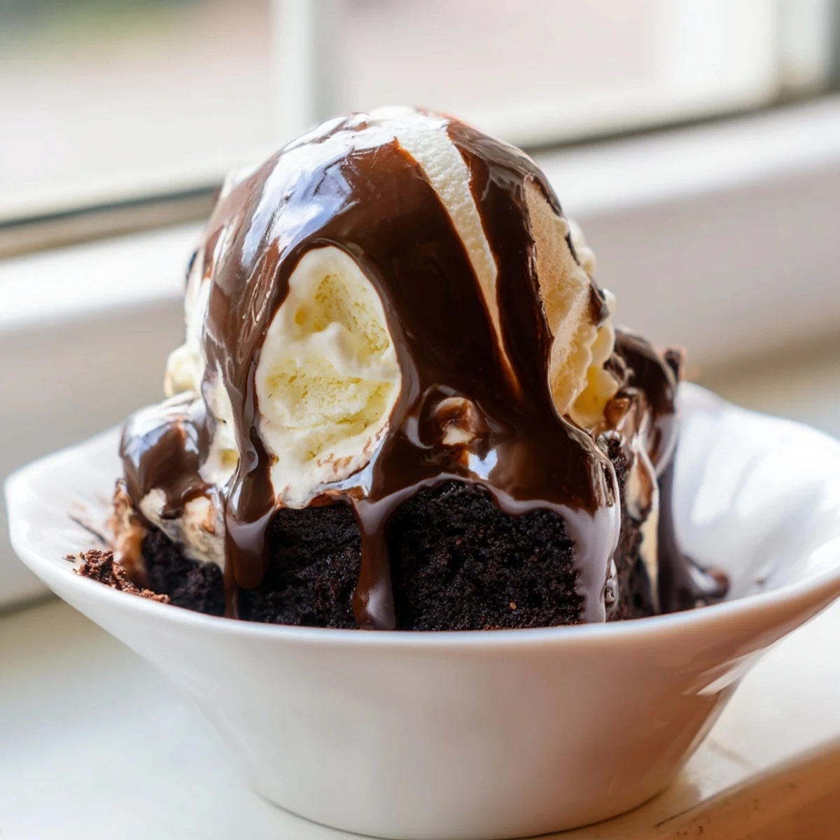 A decadent Chocolate Brownie Sundae with rich hot fudge, creamy ice cream, and crunchy toasted nuts for texture.