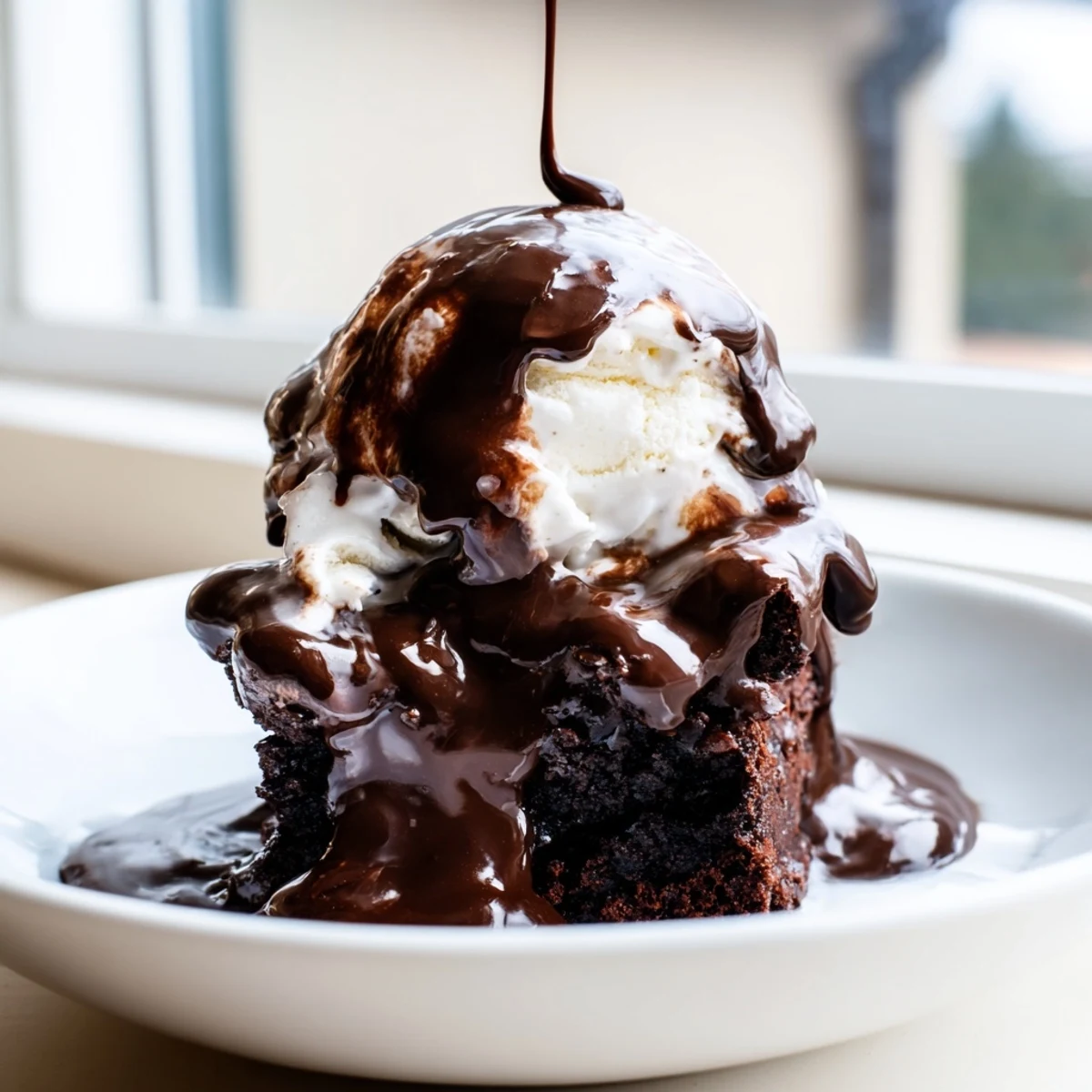 Homemade Chocolate Brownie Sundae featuring a moist brownie base, velvety vanilla ice cream, and a generous drizzle of hot fudge.