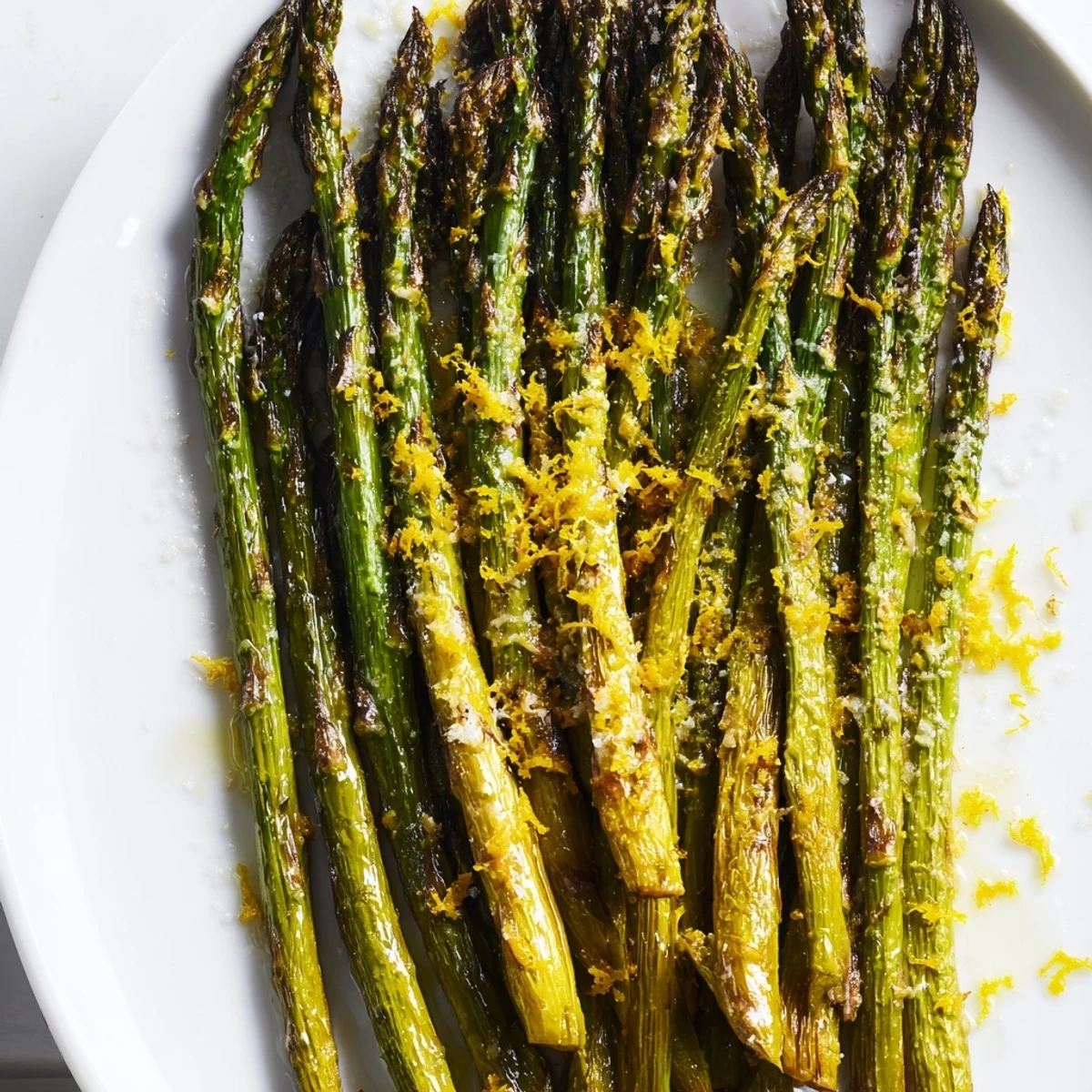 Tender oven-roasted asparagus with a savory Parmesan finish and a bright splash of lemon, perfectly paired with salmon for a healthy meal.