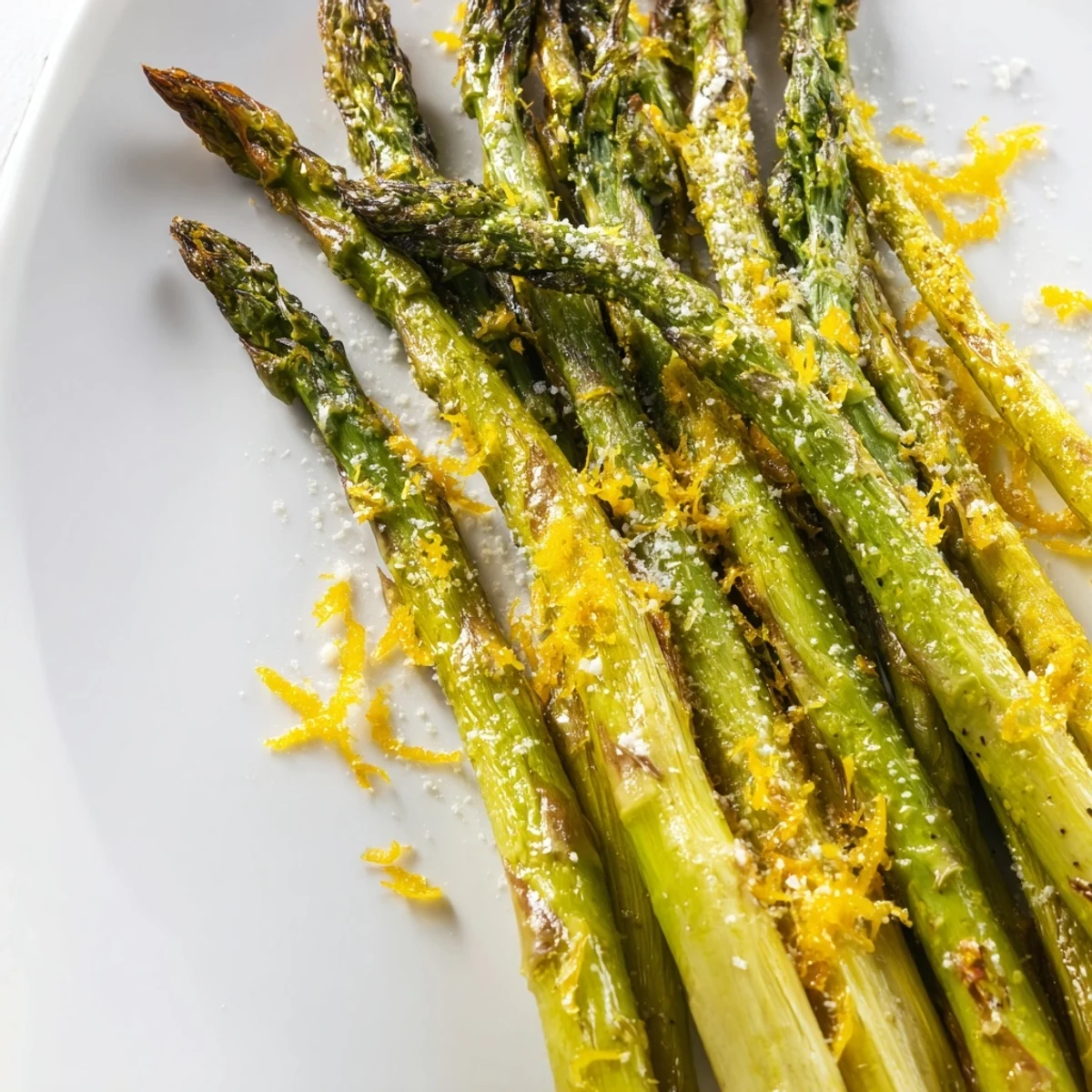 Freshly roasted asparagus spears topped with bright lemon zest and shaved Parmesan, ready to be served warm as a vibrant side dish.  