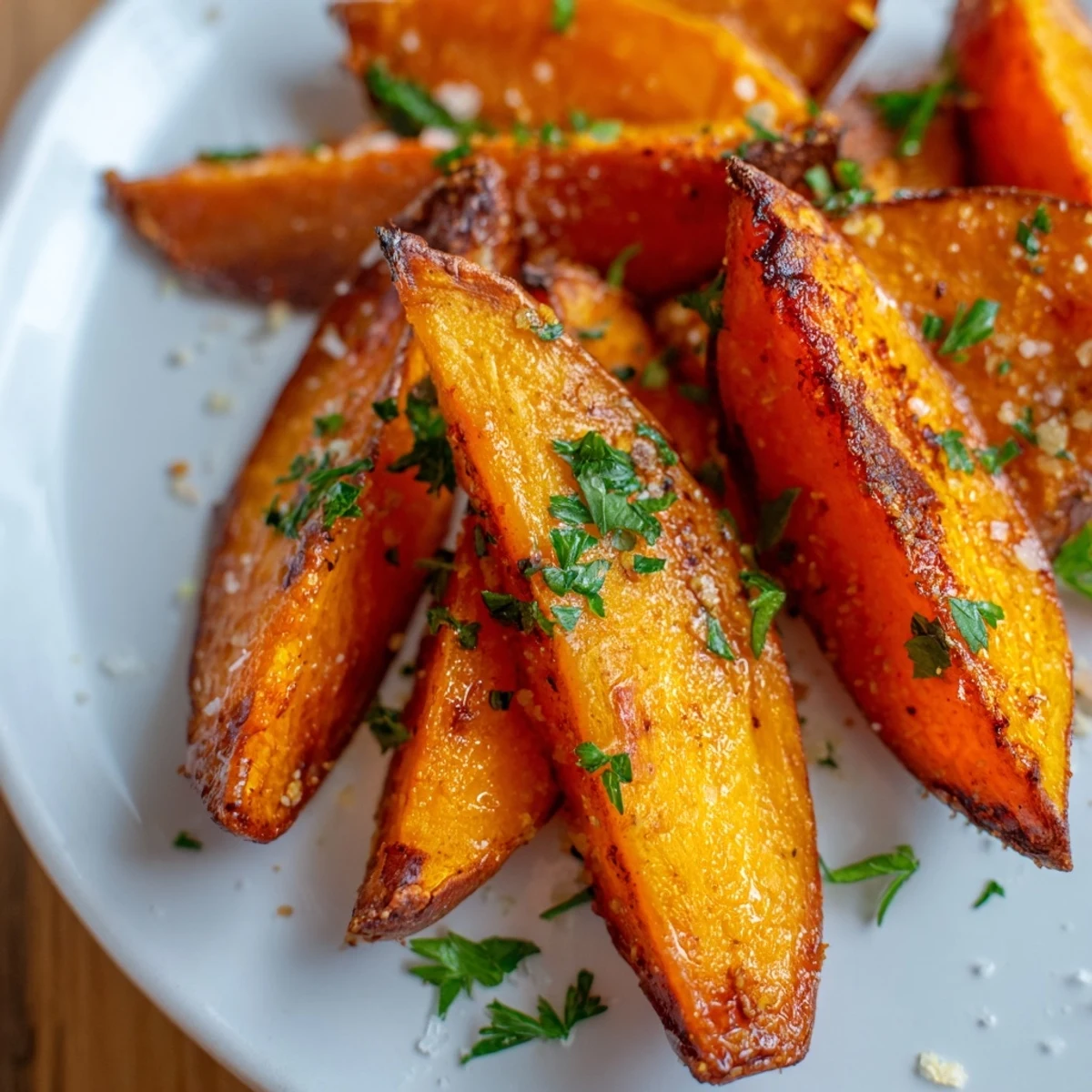 Freshly baked Crispy Sweet Potato Wedges garnished with parsley and flaky sea salt, ideal for a vegetarian side dish.