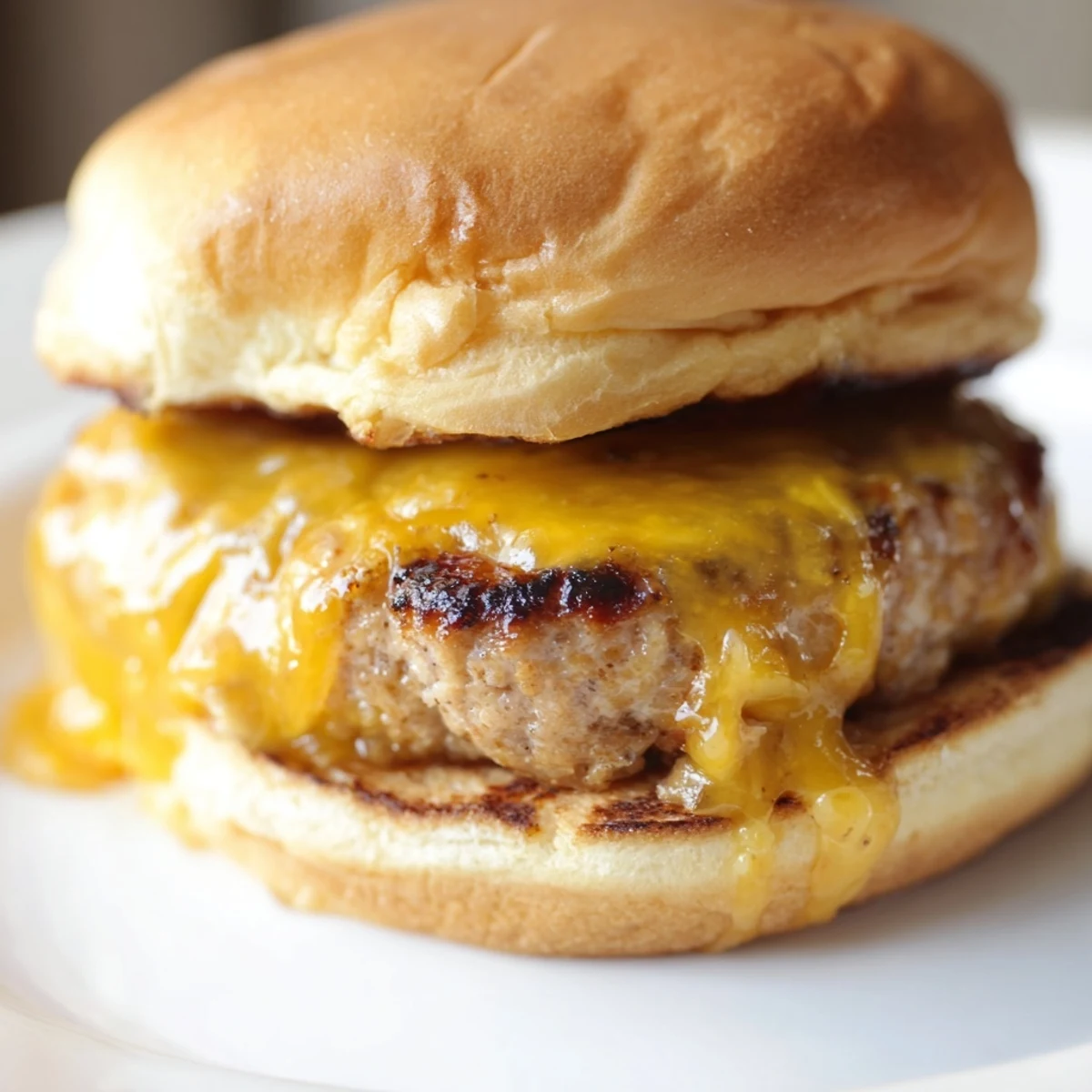 Golden turkey cheese burger on a toasted bun, topped with melted cheddar, fresh lettuce, tomato, and red onion slices.  
