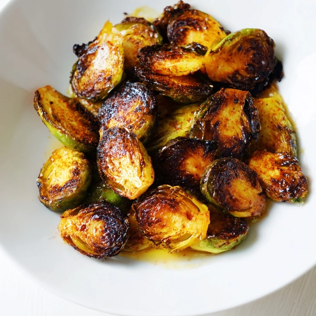 Roasted Brussels sprouts halves with garlic and paprika are served hot, garnished with a squeeze of fresh lemon.  