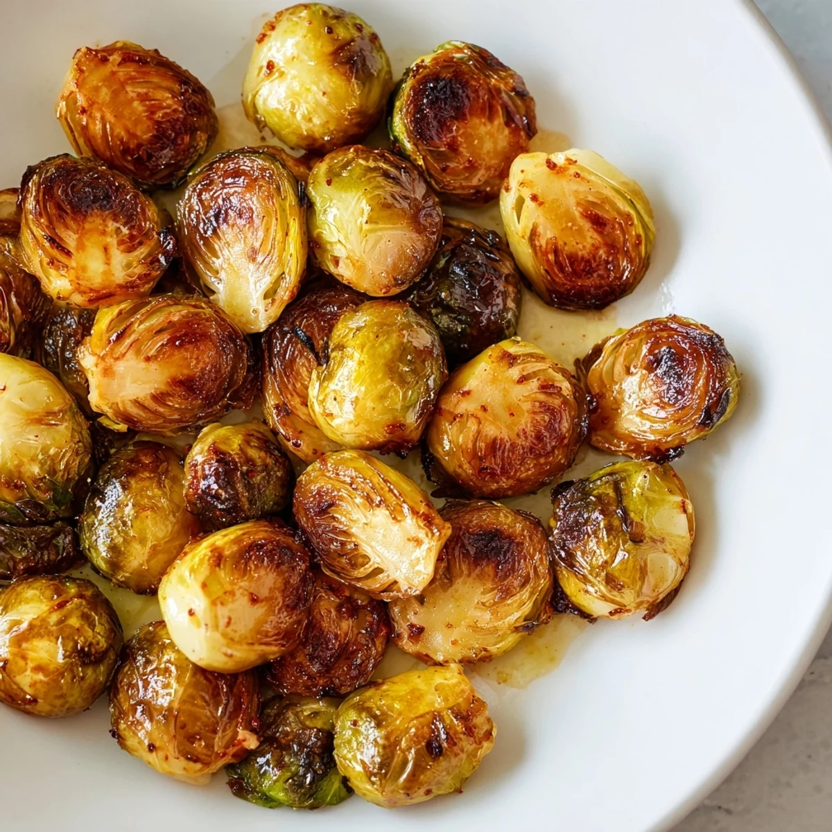 Golden brown, crispy-edged roasted Brussels sprouts halves glisten with olive oil and seasonings on a baking sheet.  