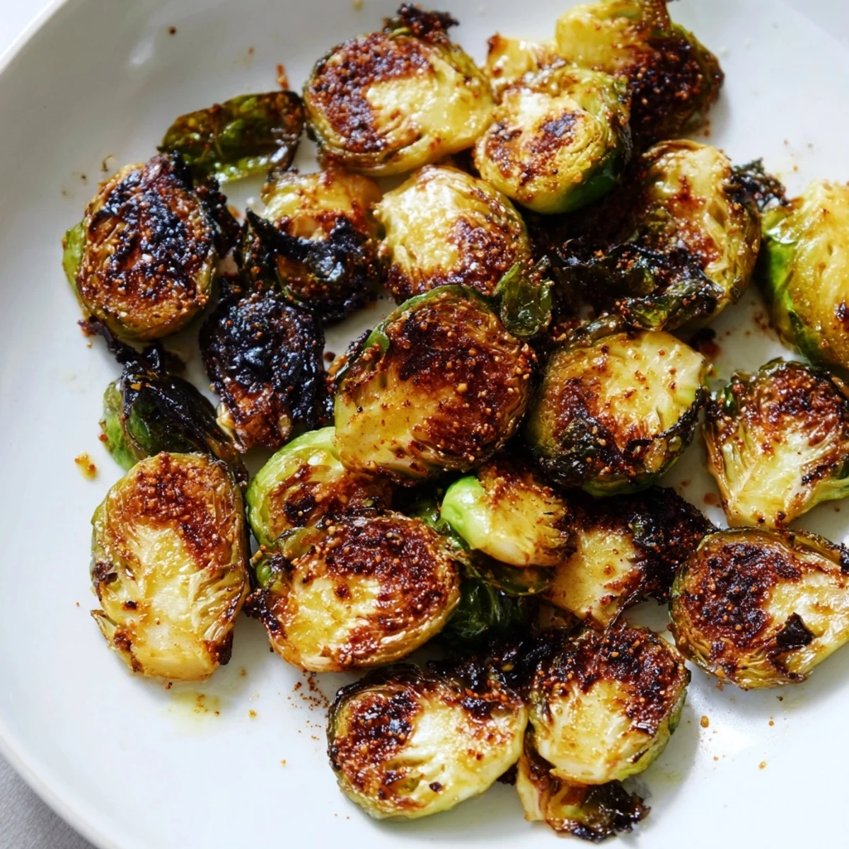 These crispy roasted Brussels sprouts halves are plated beside grilled chicken for a complete vegetarian weeknight dinner.