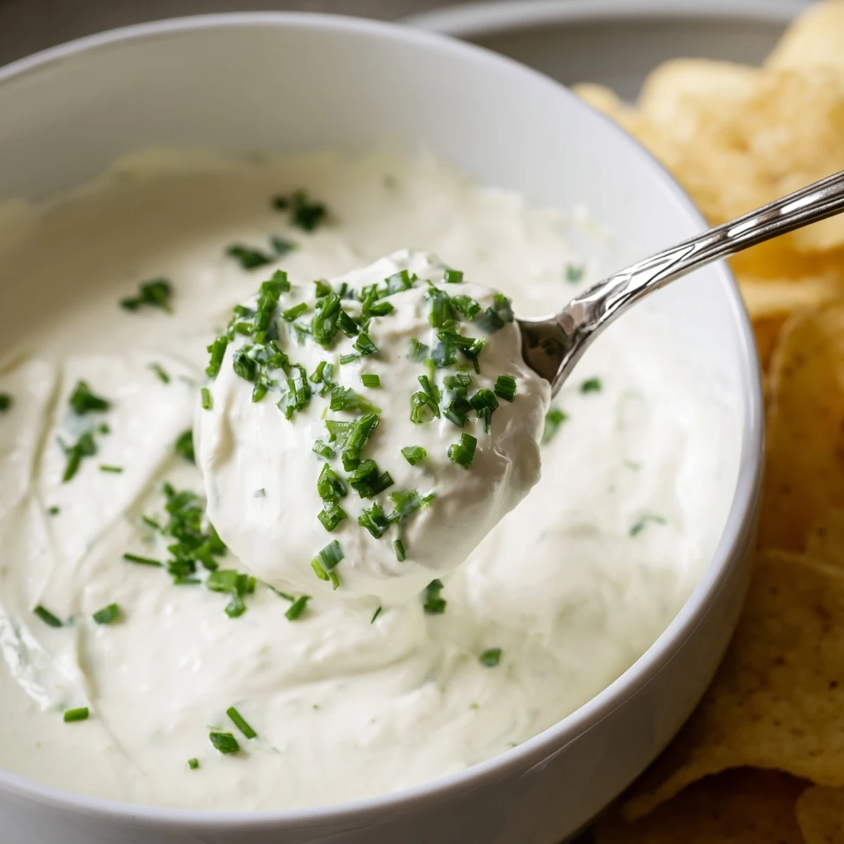 A close-up of a luscious Creamy Dip Bowl, featuring a tangy herb mixture and colorful tortilla chips ready for dipping.