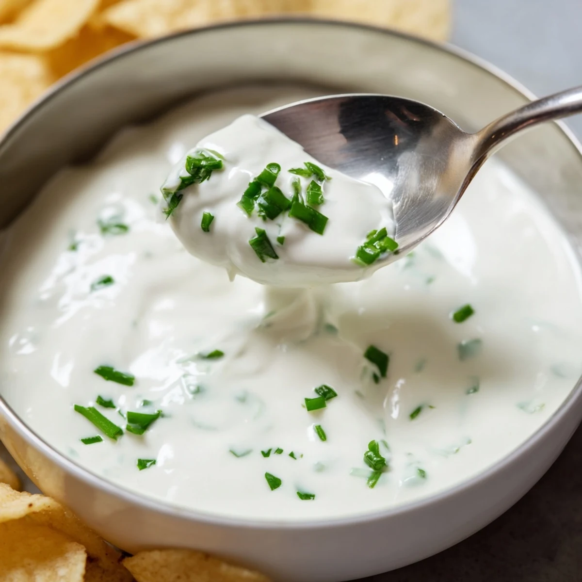 Freshly mixed Creamy Dip Bowl garnished with bright chives, paired with golden crispy potato chips on a rustic wooden table.