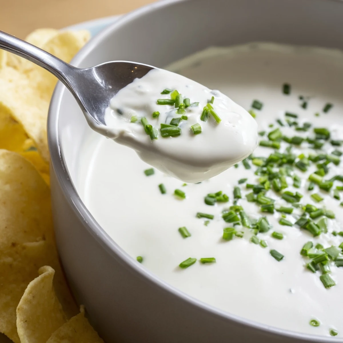 Party-ready appetizer spread showcasing a Creamy Dip Bowl with smooth texture and assorted crunchy vegetable chips for a gluten-free snack.