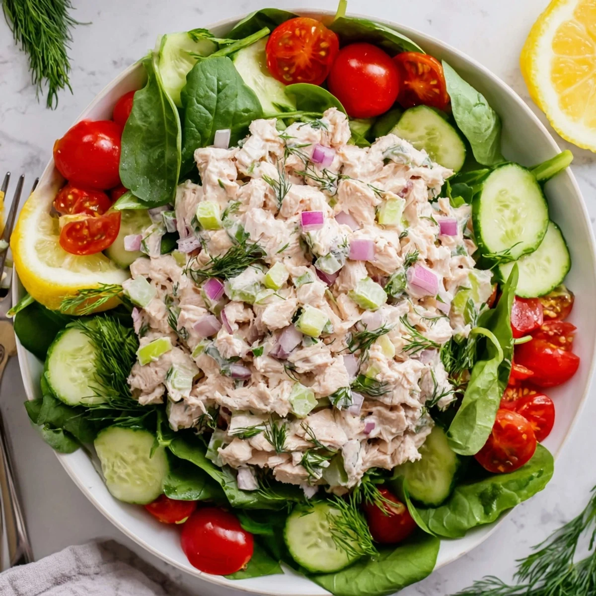 Savory homemade chicken salad on crisp romaine and spinach, garnished with red onion and almonds for a perfect light lunch.