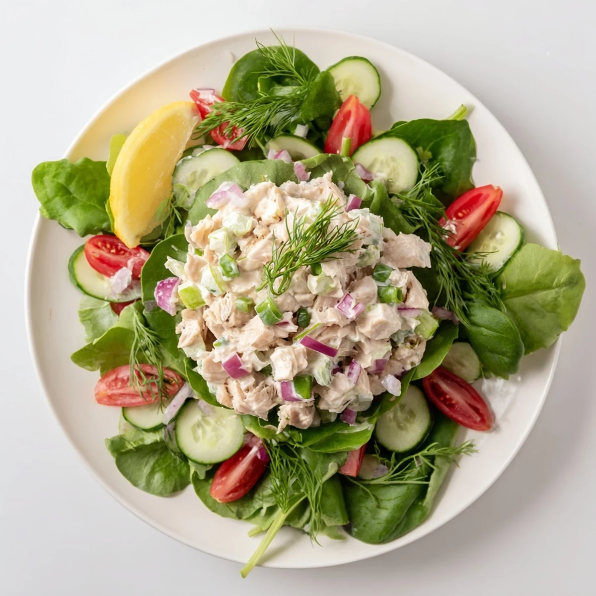 A scoop of creamy chicken salad with celery and dill sits atop a vibrant bed of mixed greens and cherry tomatoes.