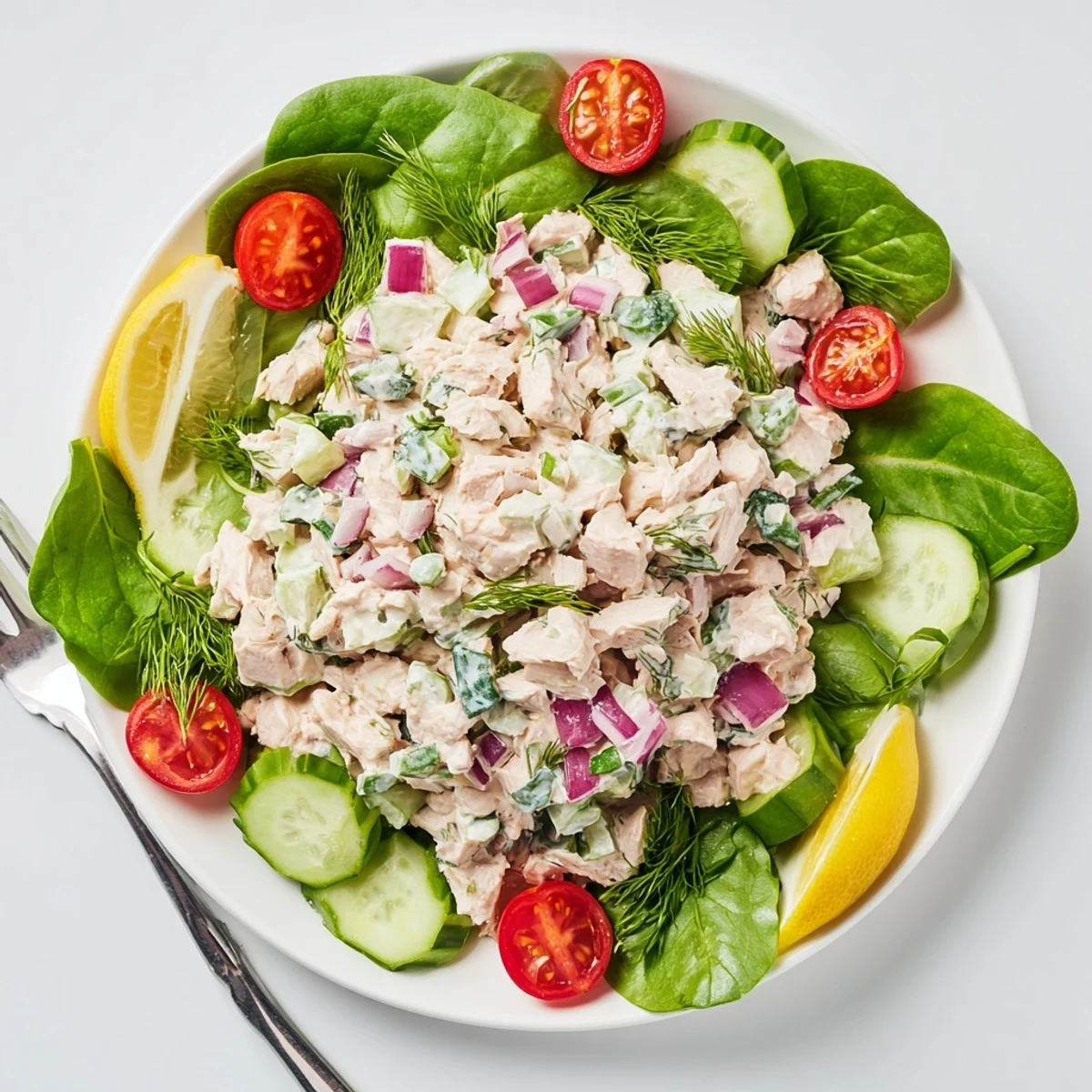 Bright plate of gluten-free chicken salad with cucumber slices and lemon wedges, ready for a refreshing and flavorful meal.