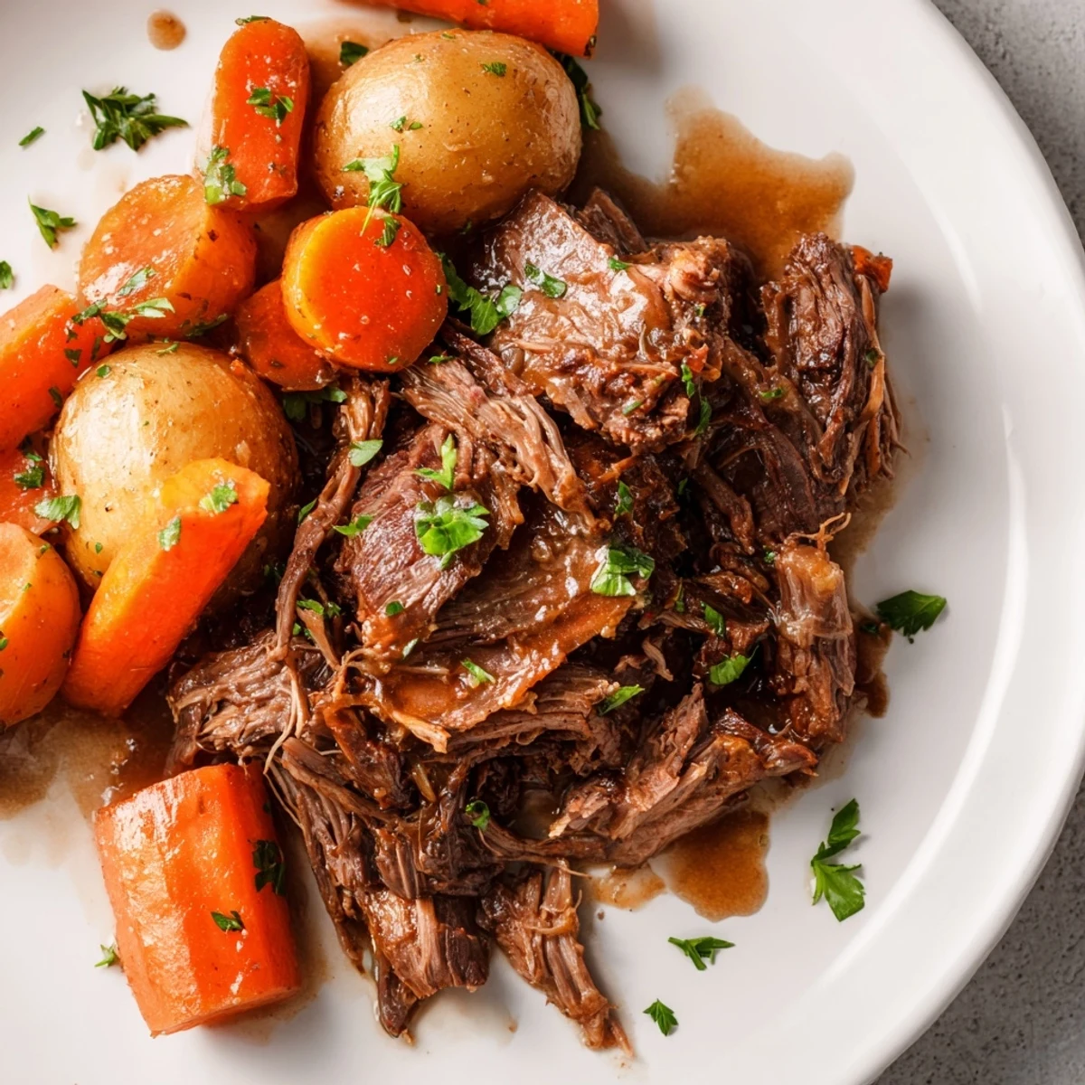 A hearty Slow Cooker Beef Roast Dinner featuring tender shredded beef, roasted carrots, potatoes, and fresh parsley garnish on a rustic plate.