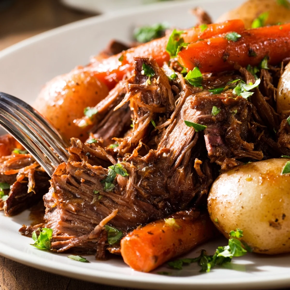Golden-brown Slow Cooker Beef Roast Dinner served with glazed carrots and baby potatoes, perfect for a comforting family weeknight meal.