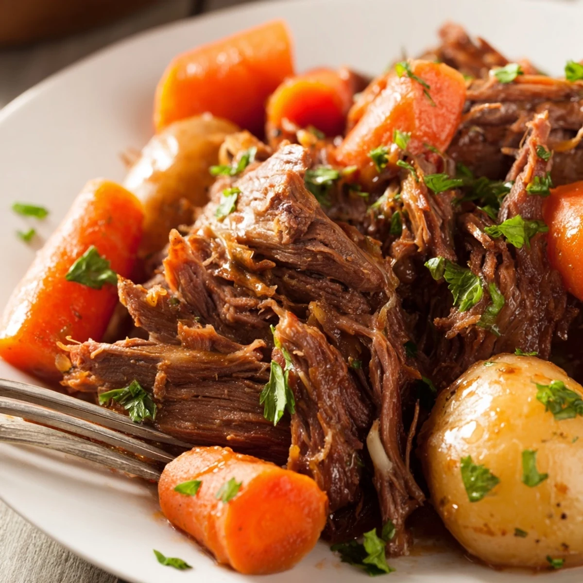 A close-up of Slow Cooker Beef Roast Dinner showing juicy beef and vegetables with rich gravy, ready to be served.