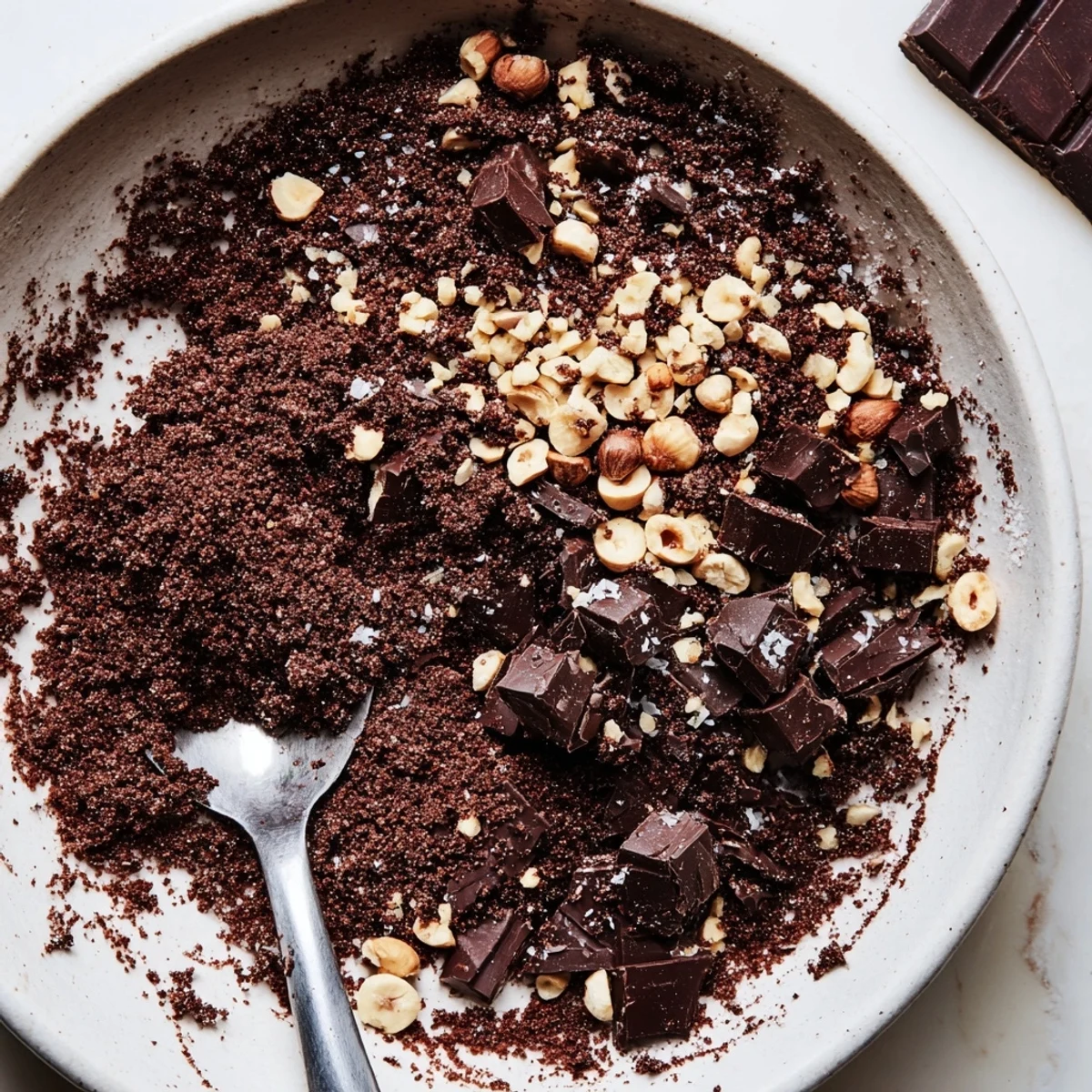 Chocolate cookie crumble topping with coarse crumbs and melted butter sprinkled over a scoop of vanilla ice cream, adding a sweet, crunchy texture to the dessert.