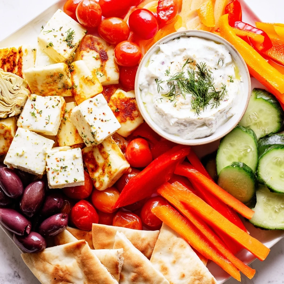 A vibrant Mediterranean dish platter with creamy yogurt dip, grilled halloumi, and colorful vegetables ready for sharing.