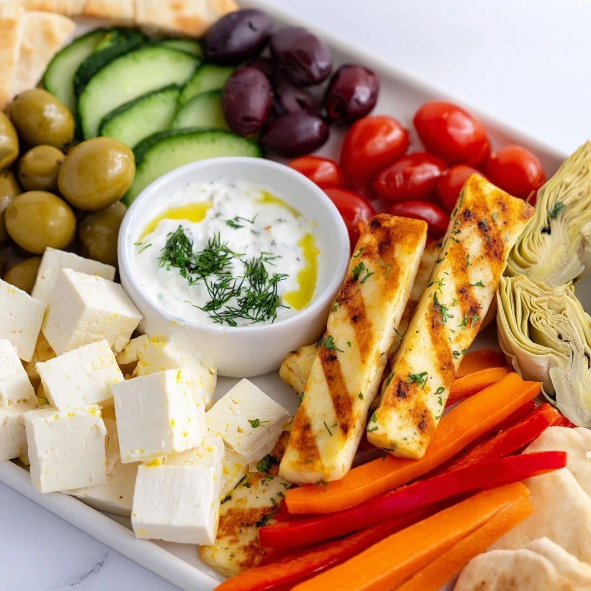 Mediterranean dish platter with dip featuring feta, olives, pita wedges, and crisp cherry tomatoes for a light meal.
