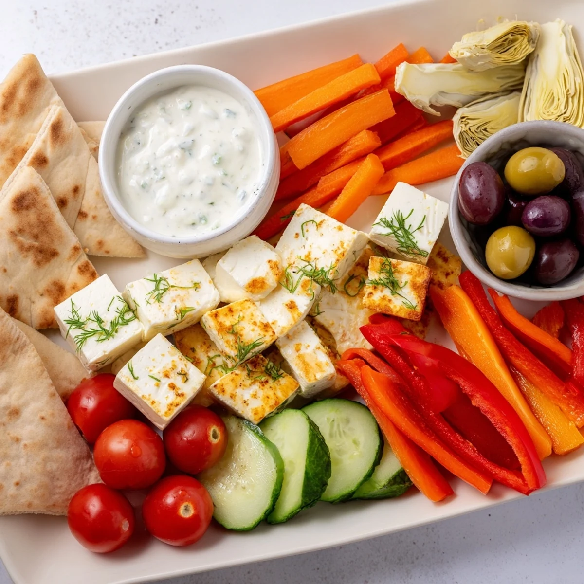 Savory Mediterranean dish platter with creamy herb dip, grilled halloumi, Kalamata olives, and warm pita bread wedges.
