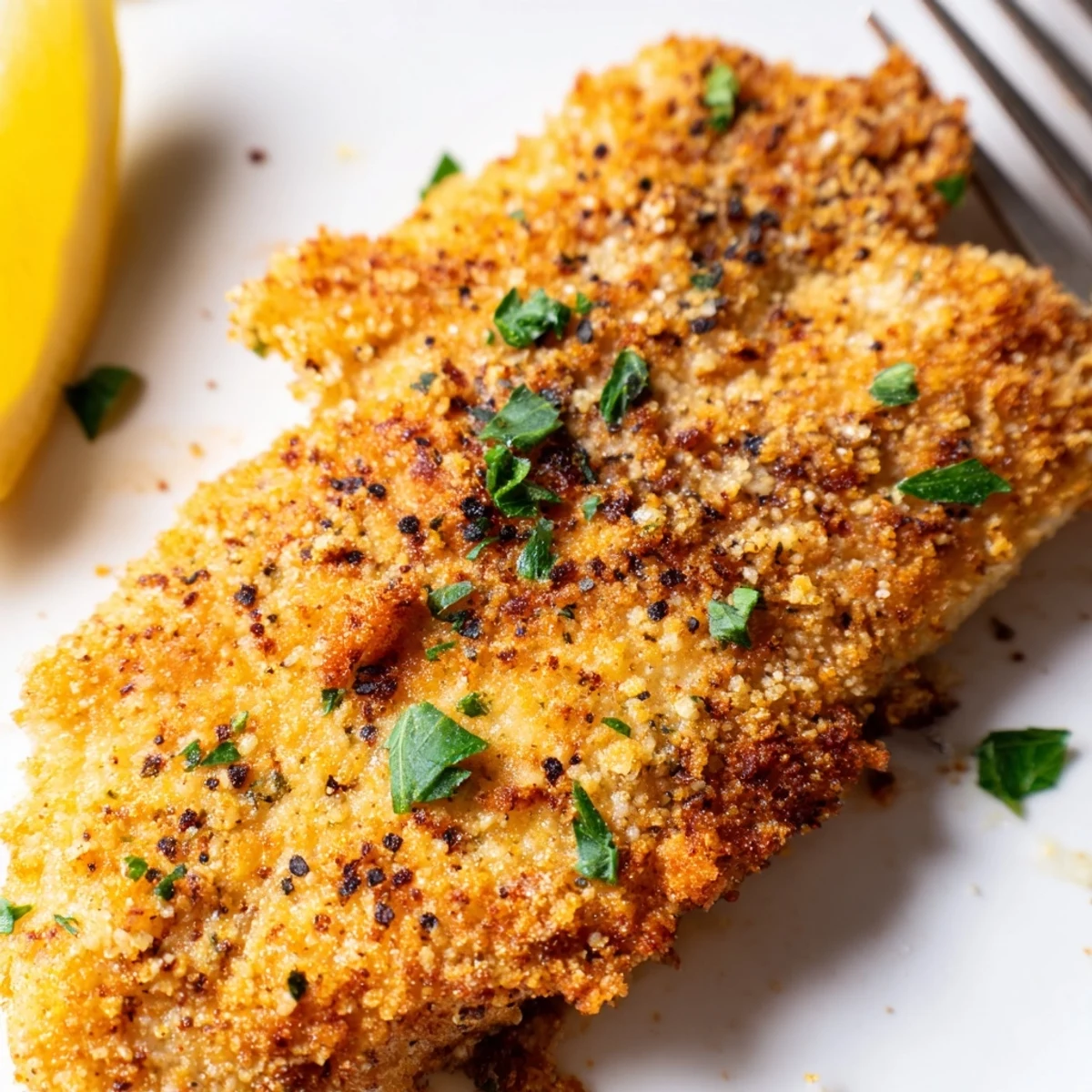 Golden-brown Cajun fish fry fillets, featuring a crispy cornmeal crust and served with fresh lemon wedges and parsley.  