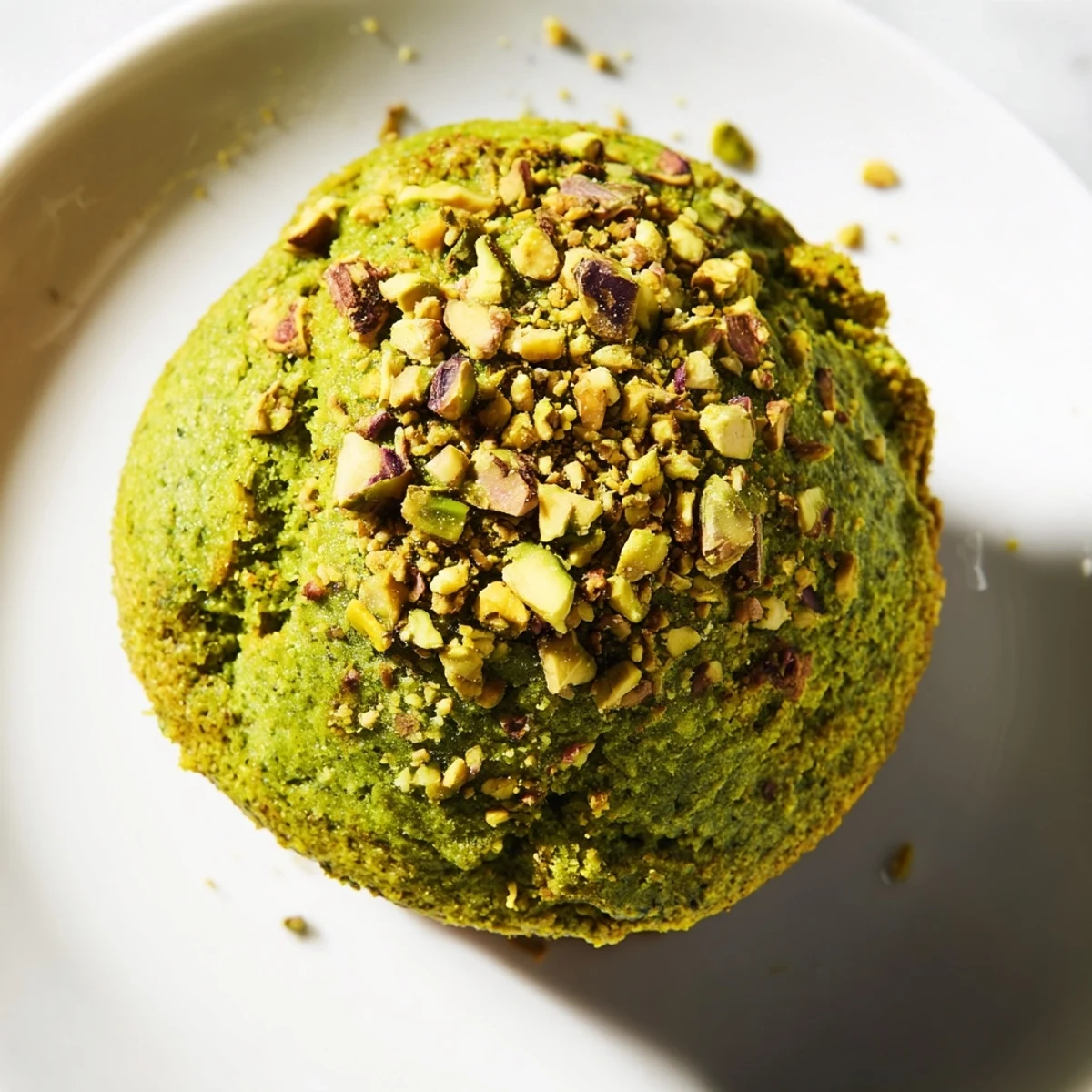 Freshly baked Green Pistachio Muffins with vibrant green flecks and a moist crumb on a cooling rack.